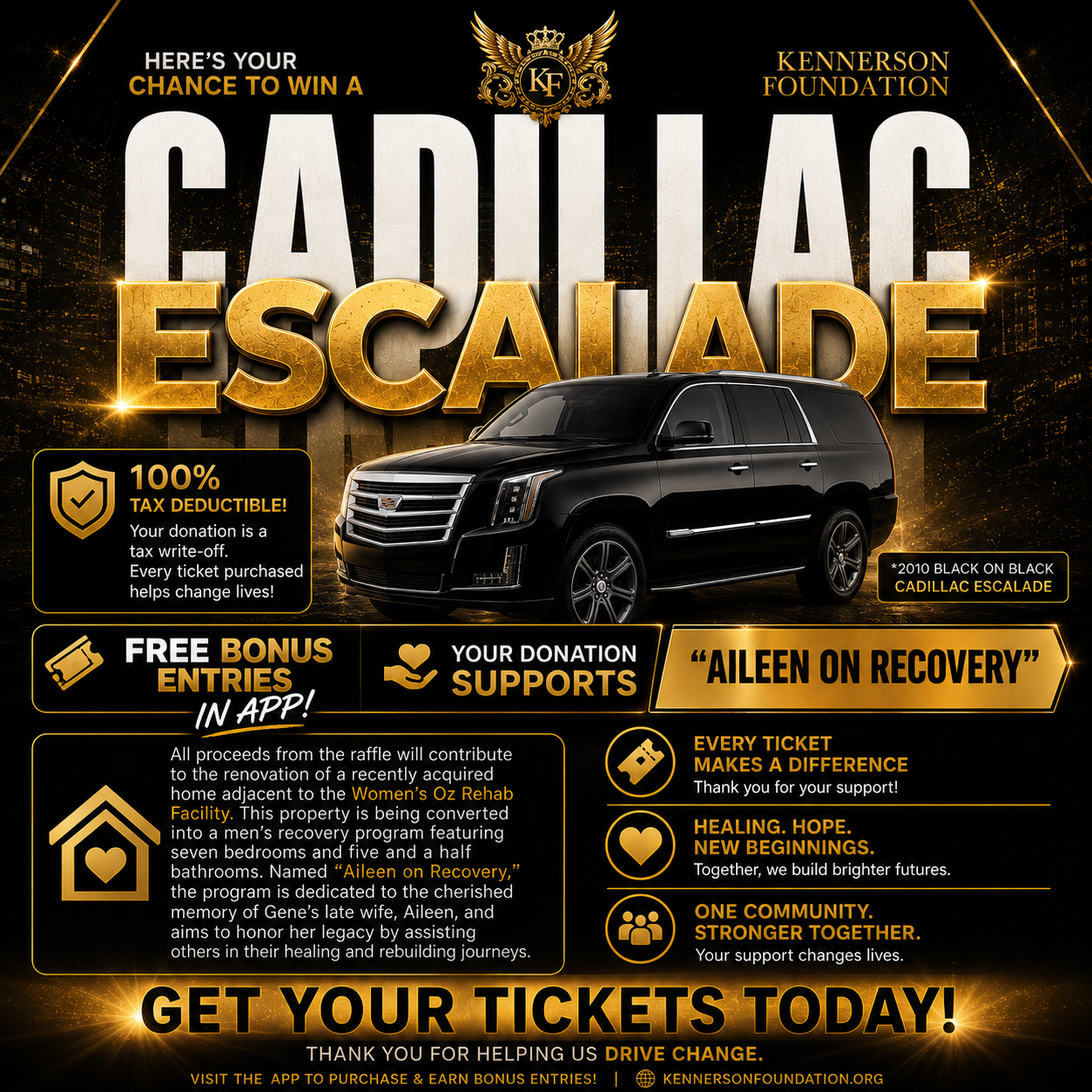 Cadillac Escalade raffle giveaway flyer — win a 2010 black-on-black Cadillac Escalade, supporting the Aileen on Recovery program